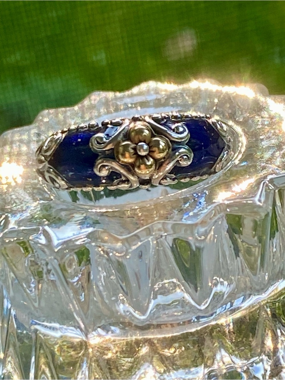 Barbara Bixby Sterling Silver + 18 k Gold Floral Blue Enamel Ring